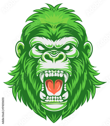 Green Gorilla Roaring Fiercely with Sharp Teeth and Intense Eyes Illustration
