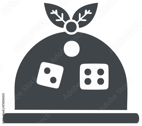 Monochrome flat icon of a dinner cloche with dice and holly for a Christmas casino or game night theme