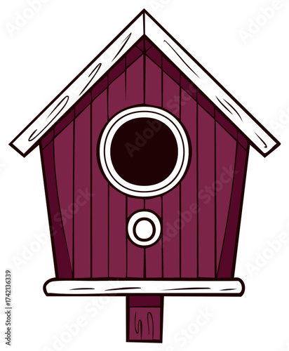 Cartoon birdhouse design in burgundy and white, a cozy shelter for feathered friends
