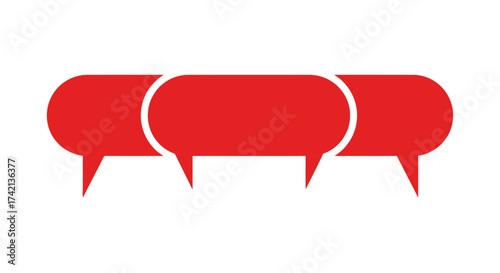 Abstract illustration of three red speech bubbles in a row representing conversation communication dialogue and discussion in a simple graphic design