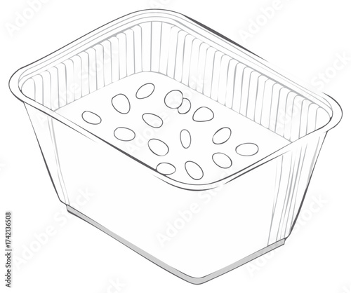 Vector line art illustration of a disposable plastic takeaway container with beans or legumes