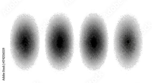 Abstract pattern of four overlapping elliptical shapes created with small black dots arranged in a gradient effect with a white background and a sense of depth