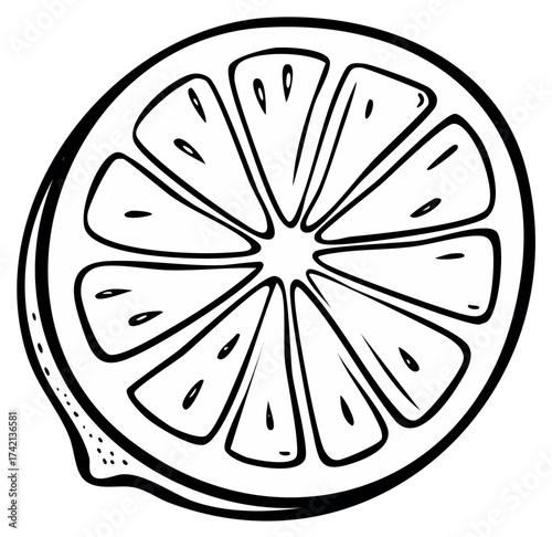 Black and white drawing of a half cut lemon fruit, with bold outline