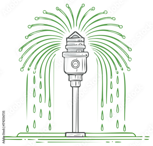 Line Art Illustration of an Outdoor Sprinkler System Watering Green Grass
