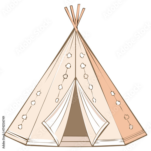 Stylized vector illustration of a boho style tipi tent with decorations
