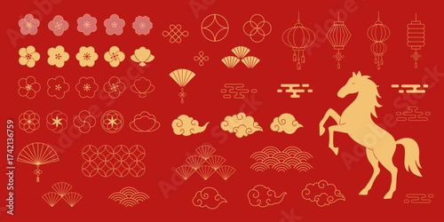 Chinese new year elements. Traditional oriental ornaments. China festival, new year celebrations. Asian festive flowers, clouds, ornaments, lantern. Lunar vector symbols set