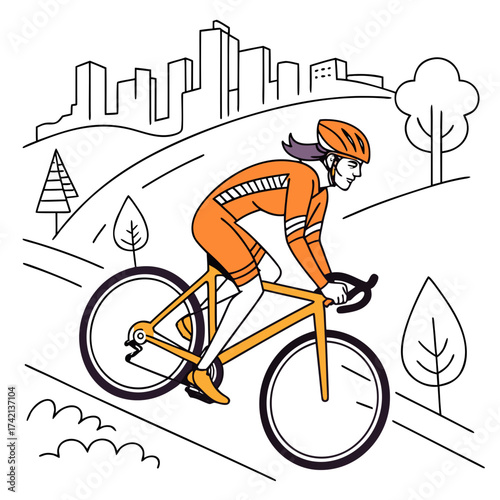 Vector art of a cyclist rides a bicycle on a road with a city skyline in the background the cyclist is wearing a helmet and cycling clothes, and the bicycle is a road bike