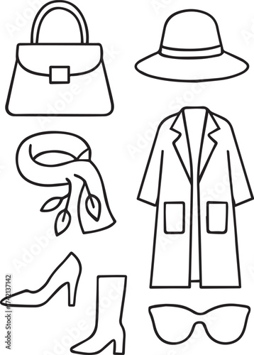 Fashion accessory icon set in black line style with stylish clothing, shoes, and accessories for wardrobe and design themes