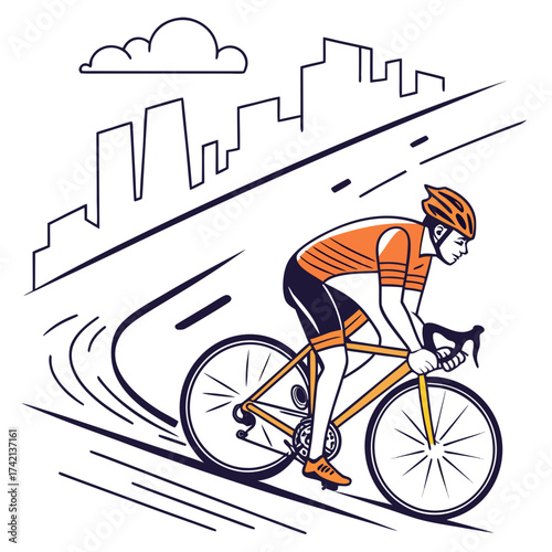 Vector art of a cyclist rides a bicycle on a road with a city skyline in the background the cyclist is wearing a helmet and cycling clothes, and the bicycle is a road bike