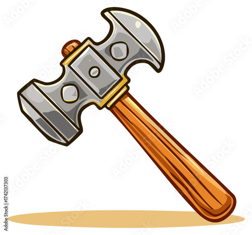 Cartoon hammer illustration. Metal hammer tool with wooden handle.