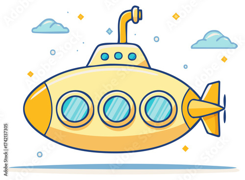 Cartoon Yellow Submarine with Portholes and Periscope Floating in a Cloudy Sky