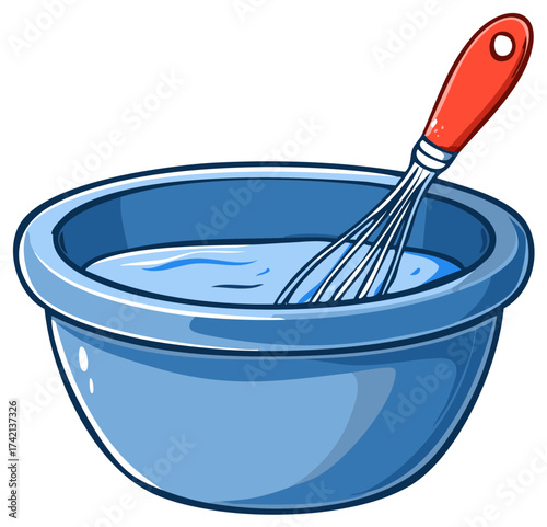 Cartoon illustration of a blue mixing bowl with a wire whisk for baking or cooking