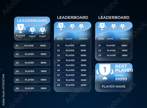 Blue glassmorphism leaderboard ui pack. Modern and minimal scoreboard panel set with points, rank, and best player display for mobile and pc game interface. Elegant futuristic ranking template screen