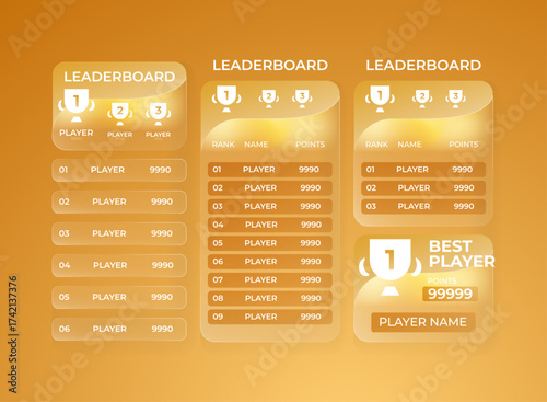 Golden glassmorphism leaderboard UI panel. Futuristic transparent ranking board with glowing trophy icons, premium gold interface design for mobile game, player ranking, points display