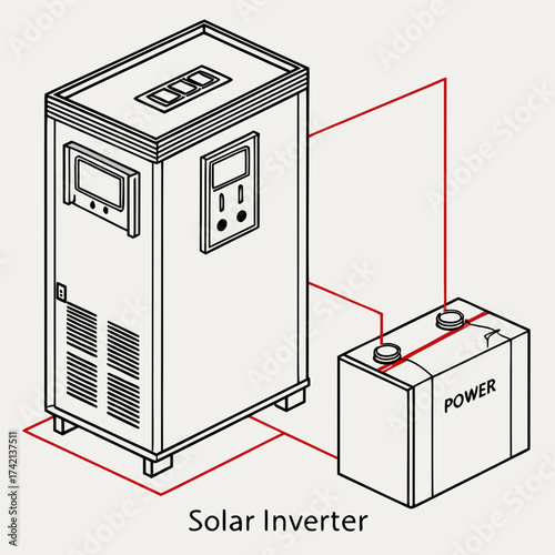 Illustration of a solar inverter connected to a battery, showcasing renewable energy technology and power storage solutions for sustainable energy systems
