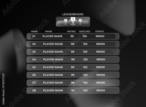 Dark glassmorphism leaderboard user interface. Modern scoreboard panel with rating, matches, and points for mobile and pc game ui. Clean minimal futuristic design template for competition results