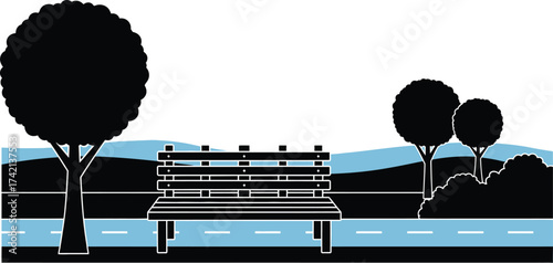 Empty park bench by a tree with stylized water and road elements