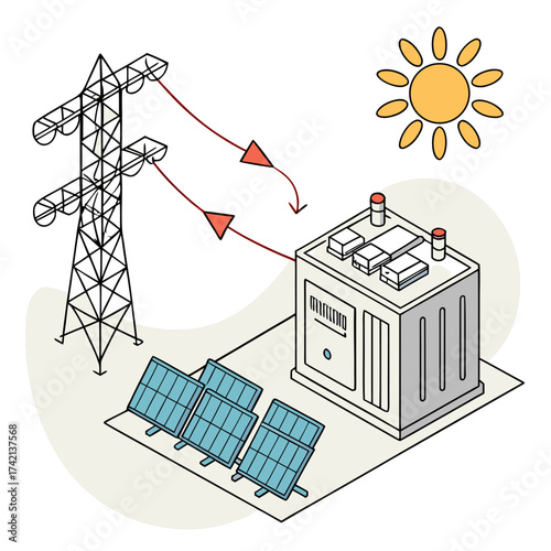 Vector art of isometric illustration of a solar power plant with panels, transformer, and transmission tower, showcasing sustainable energy generation and distribution