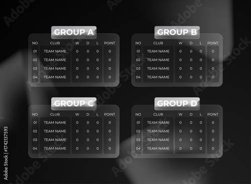 Dark glassmorphism football group classement table user interface. Modern ui panel with team ranking, points, and match results. Clean minimal futuristic design template for soccer