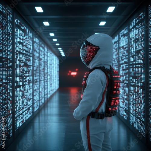 Futuristic Explorer in High-Tech Data Center Environment