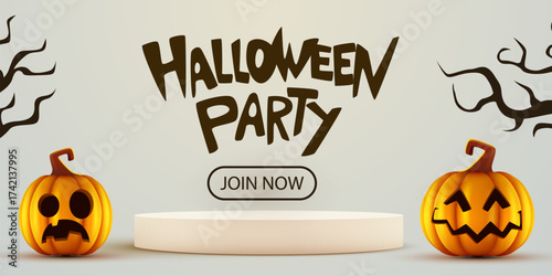 Halloween Party banner with spooky pumpkins and a product display stand. Perfect for holiday promotions. Vector illustration