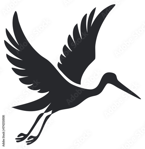 Elegant Black Crane Bird Silhouette Flying with Wings Spread Vector Illustration