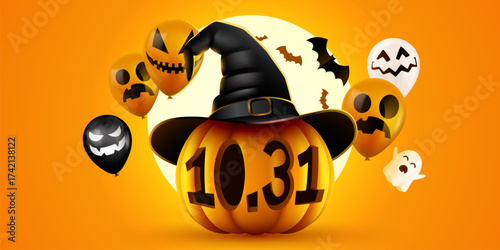 Vibrant Halloween Pumpkin with Witch Hat and Spooky Balloons for October 31st celebration on a blue background. Vector illustration.