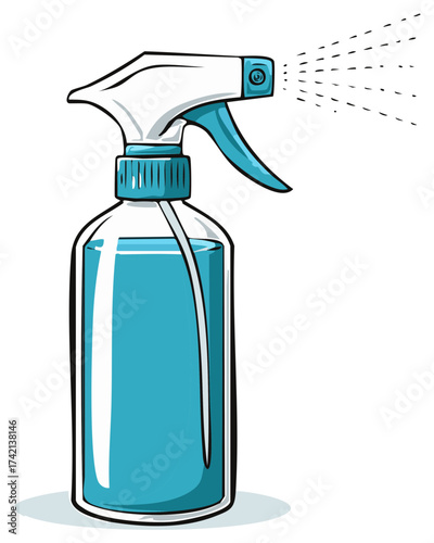 Cartoon illustration of a spray bottle releasing liquid