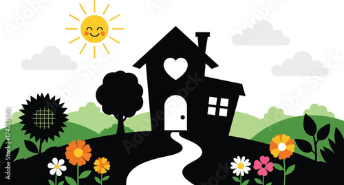 Whimsical silhouette house with a heart window, surrounded by a vibrant, sunny garden and rolling hills.
