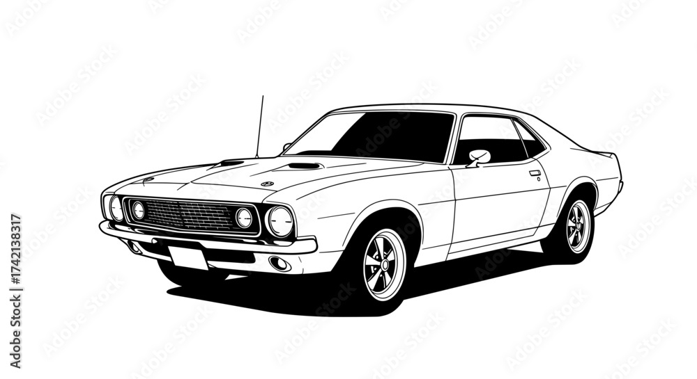 Naklejka premium Classic Muscle Car Vector Line Art Black and White Isolated