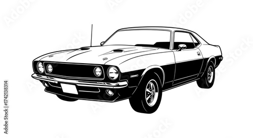 Classic Muscle Car Vector Line Art Black and White Isolated