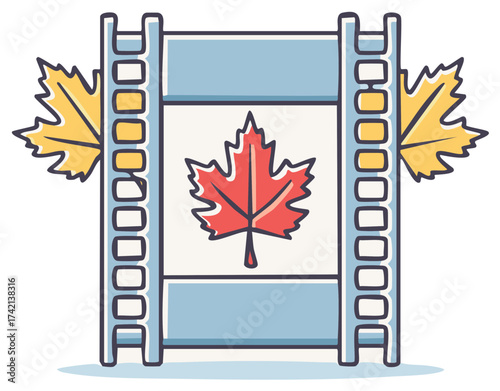 Film Reel with Maple Leaves Cartoon Icon, Motion Picture, Canadian Film, Cinema
