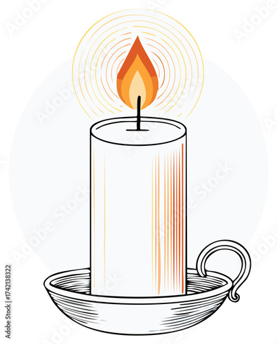Single lit candle in a vintage candlestick with radiating light illustration