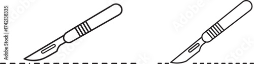 Two scalpel silhouettes cutting a dashed line
