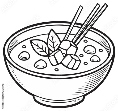 Bowl of soup with vegetables and chopsticks in an illustration