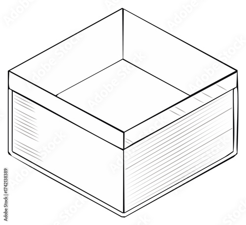 Simple black and white line drawing of an open empty square box for storage or packaging