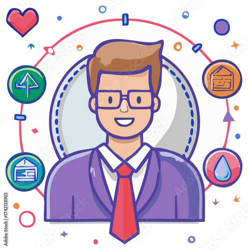 Person with Icons Showing Different Life Aspects and Interests Illustrated