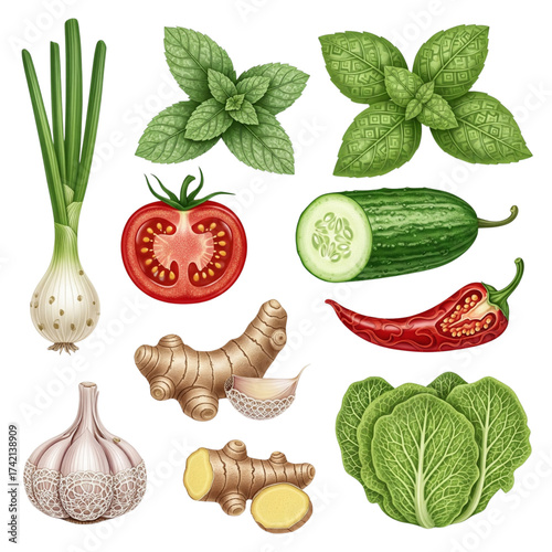 A vibrant collection of fresh vegetables and herbs including green onions mint basil tomato cucumber chili pepper ginger garlic and cabbage isolated on white background