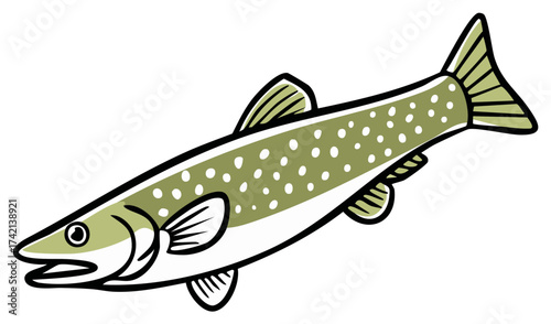 Stylized freshwater fish illustration with green body and white spots swimming gracefully