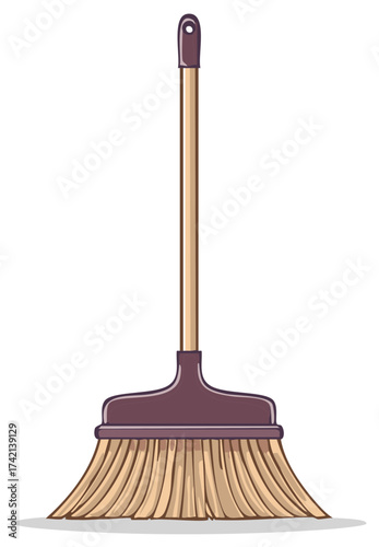 Household Broom with Wooden Handle and Dark Purple Brush Head