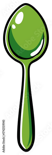 Bright green kitchen spoon illustration with a bold black outline and glossy reflective surface