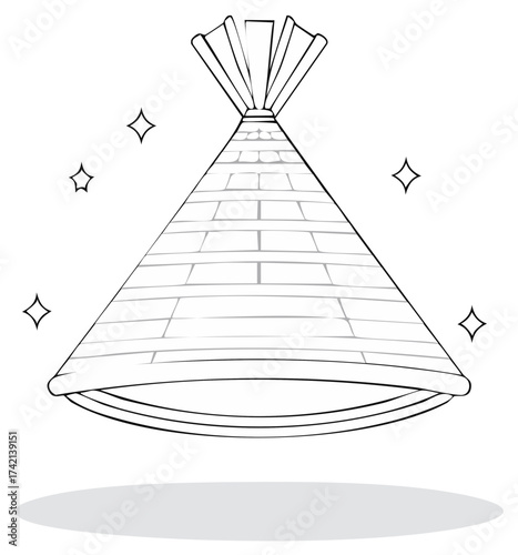 Hand-drawn illustration of a traditional teepee with stars and a shadow. Black and white outline.