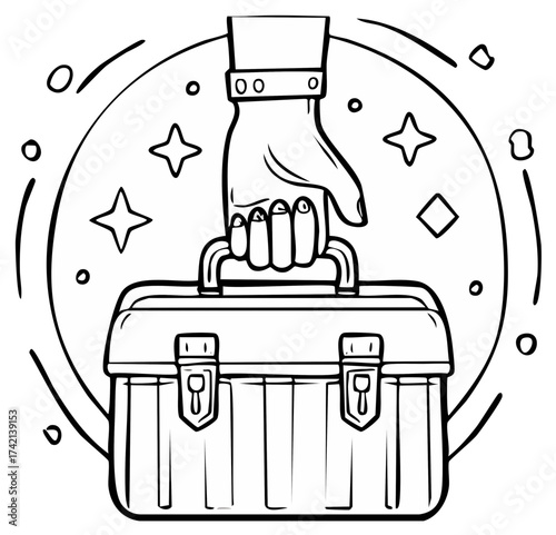 Hand holding a toolbox, a symbol of skill and resourcefulness