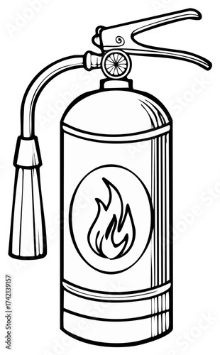 Simple line art illustration of a fire extinguisher with flame symbol
