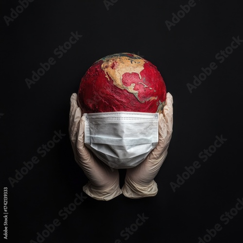 Human Hands Holding Globe Wearing Medical Face Mask