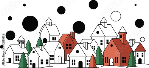 Charming village with festive red buildings and evergreen trees under a whimsical sky