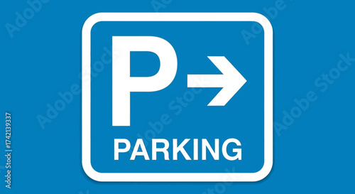 Blue square sign with white P symbol and right arrow indicating parking direction