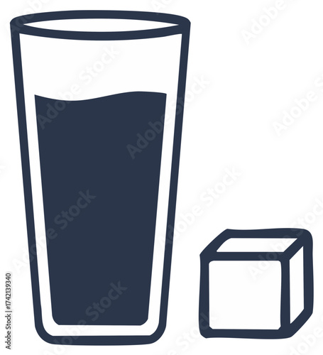 Simple illustration of a tall glass filled with dark liquid next to a single ice cube