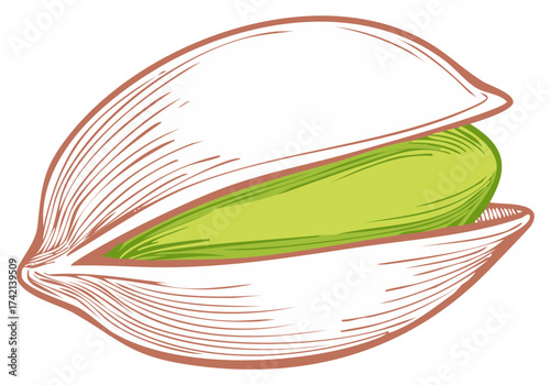 Open pistachio nut drawing with green kernel and brown shell