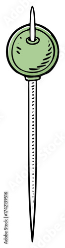 Olive on a toothpick illustration, a symbol for cocktails, appetizers and bar snacks in green hues